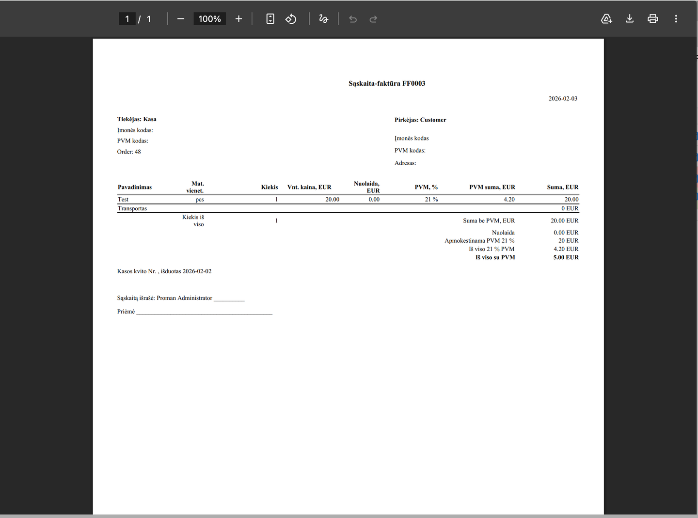 Generated PDF invoice