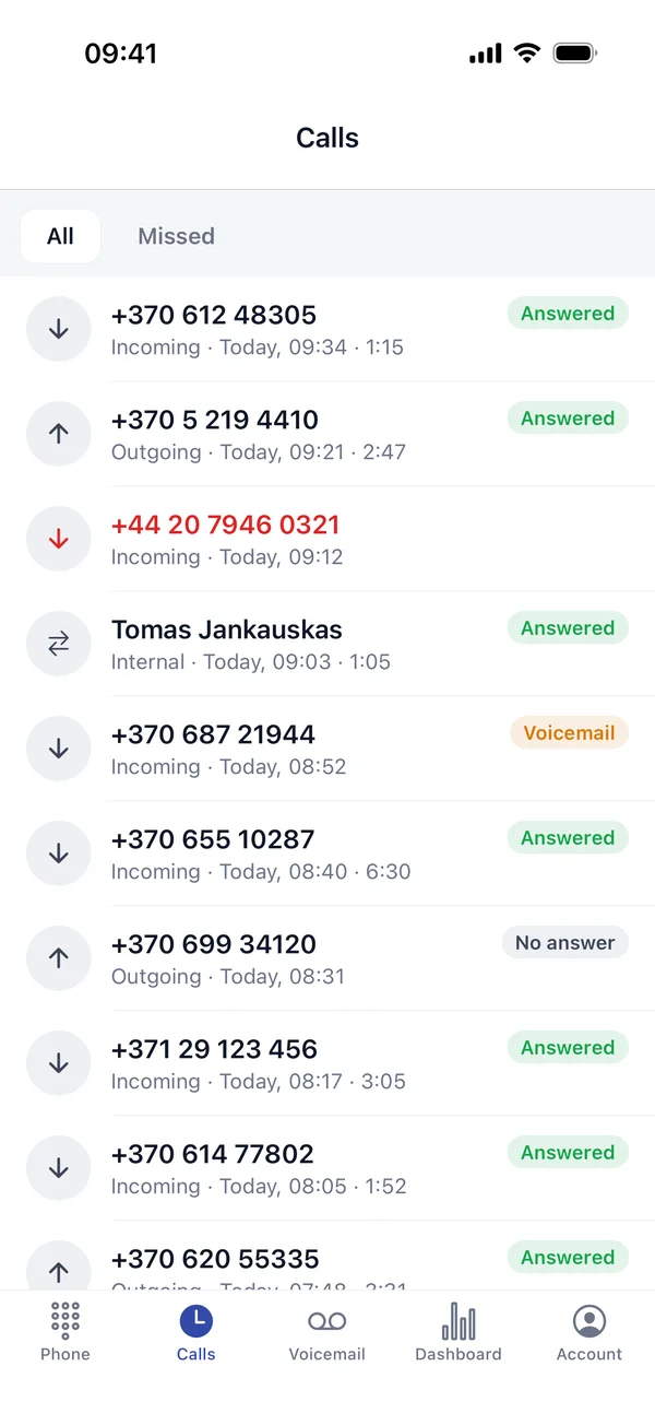 SmartOn PBX lietotne · Zvani