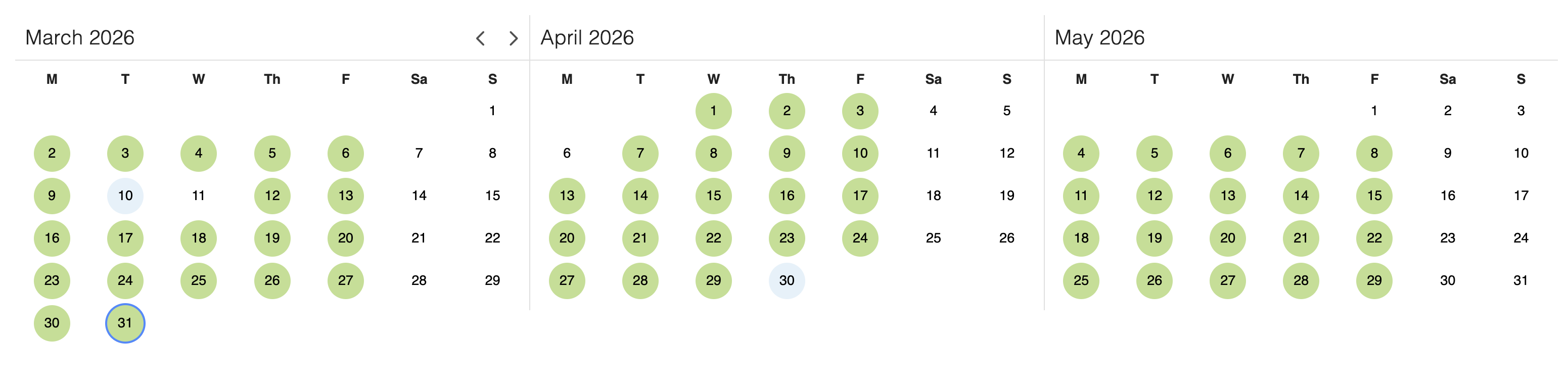 3-month shift calendar view